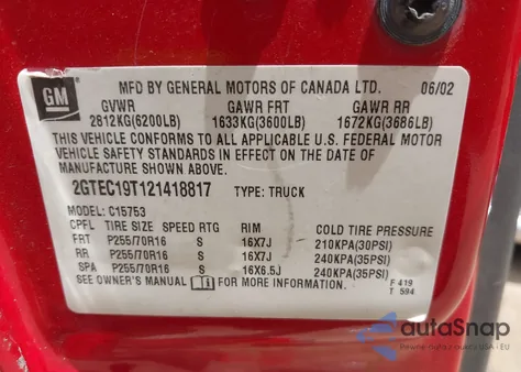 2002 GMC Sierra 1500 Sle from USA, damaged, VIN 2GTEC19T121418817